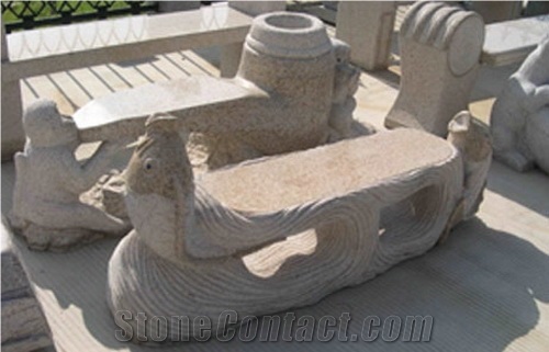 Custom Carved Granite Animal Bench, Yellow Granite Chair, G682 Yellow Granite Bench