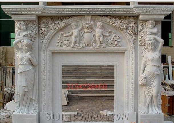 White Marble Sculptured Fireplace Mantels