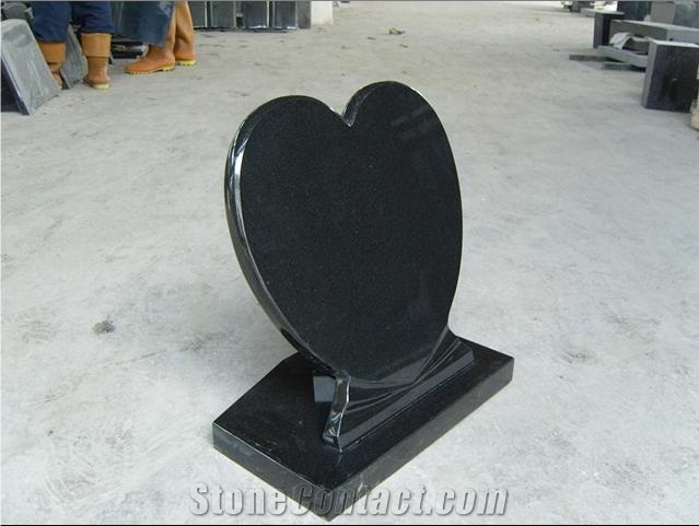 Black Carved Heart Upright Headstone, Black Granite Headstone