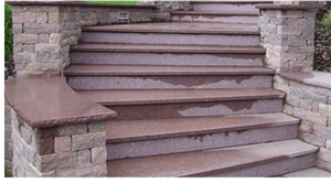 Flamed and Polished Porphyr Stairs, Porfido Trentino Red Granite