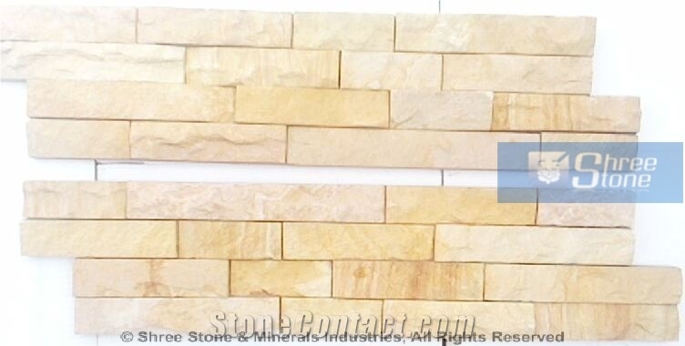 Teak Wood Wall Panel, Yellow Sandstone Cultured Stone