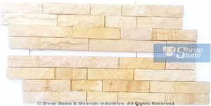 Teak Wood Wall Panel, Yellow Sandstone Cultured Stone