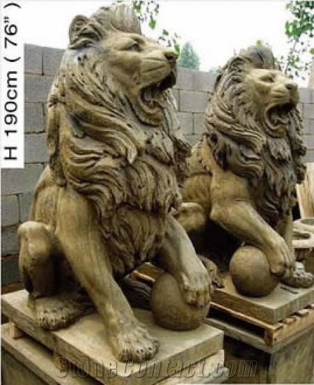 Antique Brown Sitting Lion Statue,Handcarving Sculptures