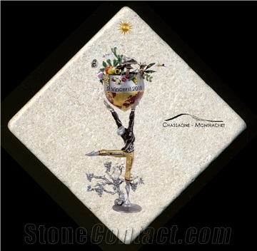 Bottle and Glass Coaster, Pierre De Bourgogne Beige Limestone Artifacts, Handcrafts