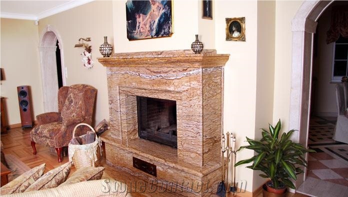 Walnut Vein Cut Travertine Fireplace, Walnut Iran Brown Travertine