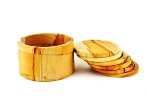 Teakwood Marble Round Coaster Holder with Six Coas, Yellow Marble Kitchen Accessories
