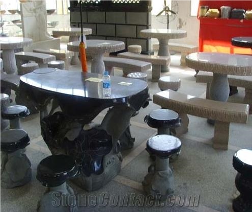 Stone Table and Bench, Black Granite Bench