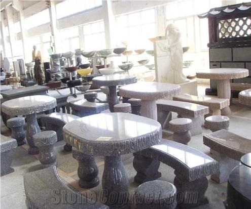 Stone Table and Bench, Pink Granite Bench