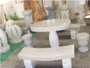 Stone Table and Bench, White Granite Bench