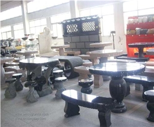 Stone Table and Bench, Black Granite Bench