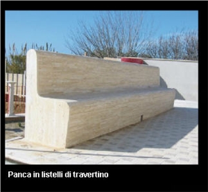 Bench in Travertine Strips, Travertino Romano Oniciato Beige Travertine