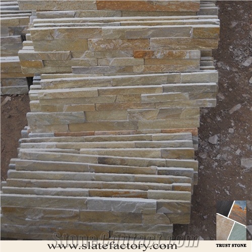 Gold Quartzite Ledge Stone Wall Panel,Cultured Stone Wall Cladding, Ledger Stacked Stone Veneer, Thin Ledgestone Veneer