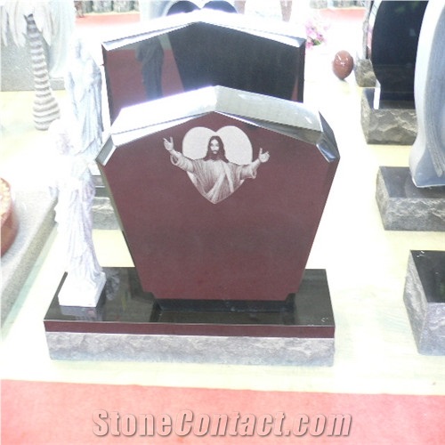 Red Granite Tombstone with Engraved Picture