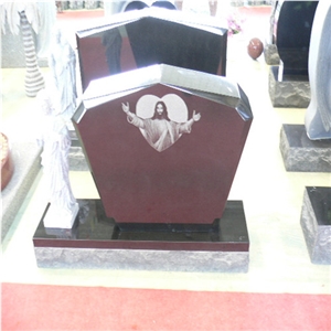 Red Granite Tombstone with Engraved Picture