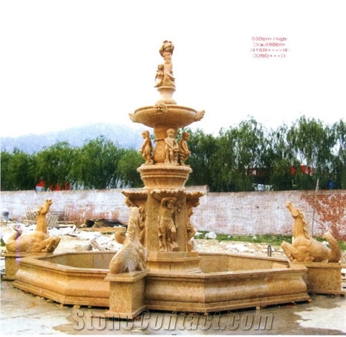 Yellow Marble Large Statuary Garden Fountain, Yellow Marble Garden Fountains
