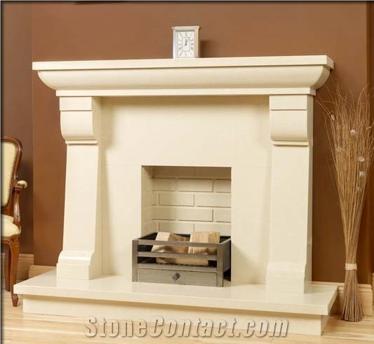 Crema Marfil Shannon Fireplace, Beige Marble