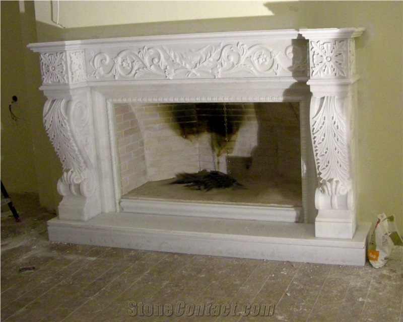 Fire Place with Baroque Decorations, Afyon White Marble Fireplace