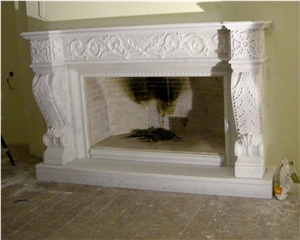 Fire Place with Baroque Decorations, Afyon White Marble Fireplace