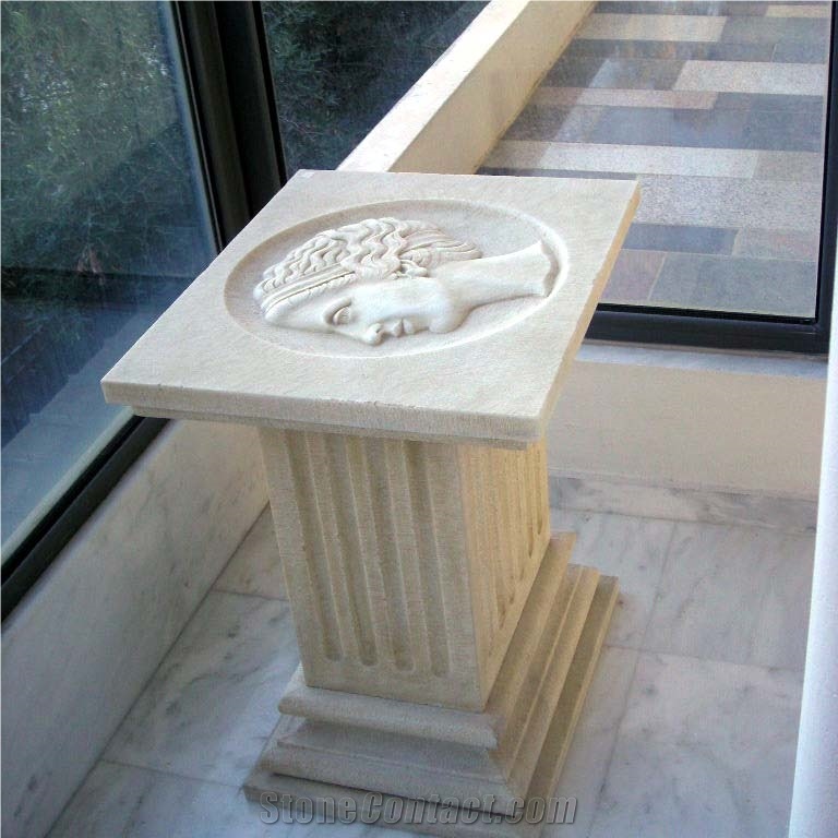 Goddess Hera Table with Glass Top, Zakinthos Beige Limestone Tabletops