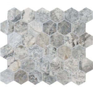 Silver Travertine Honed & Filled Hexagon 2 Inch Mo, Grey Travertine Mosaic