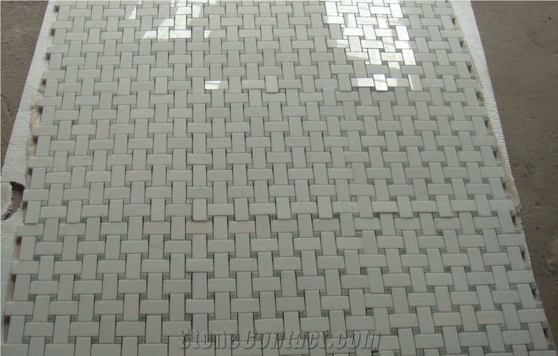 Thassos White Mix Ming Green Mosaic Tile, Thassos White Marble Cultured Stone