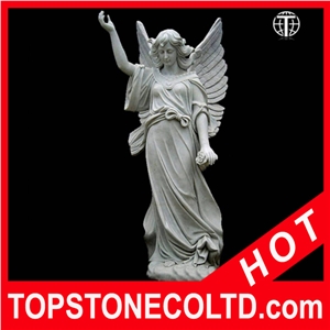 Angel Prayers Statue with Rose in Hand, White Marble Statue