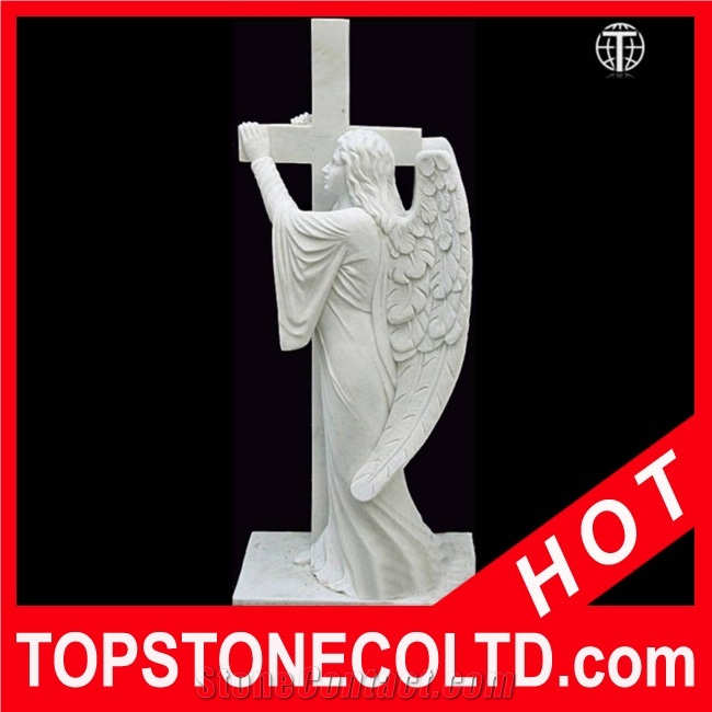 Angel with Cross Marble Statue, White Marble Statue