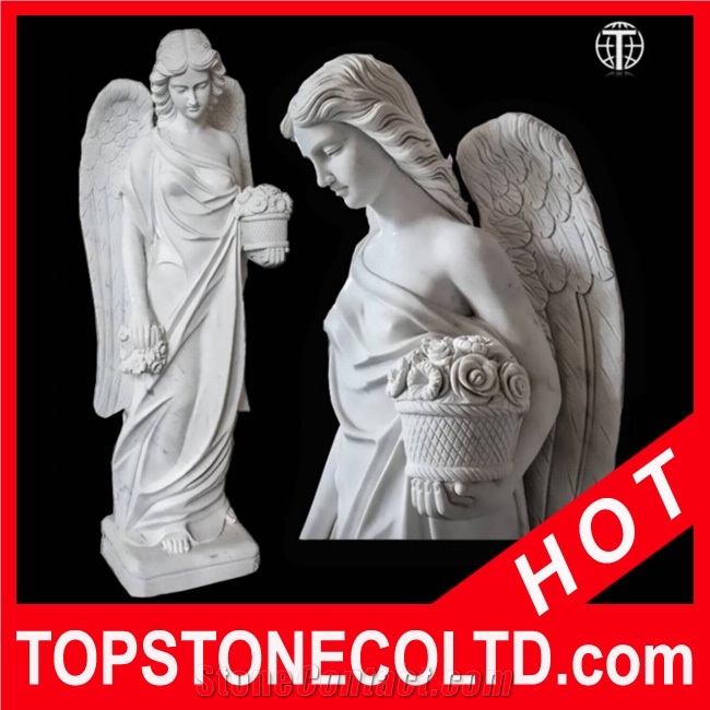 Angel with Flowers Marble Sculpture, White Marble Sculpture