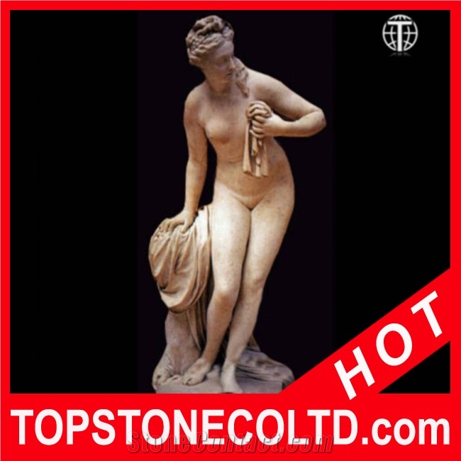 Bathing Female Marble Statue, Beige Marble Statue