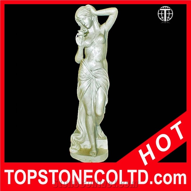 Female with Rose Marble Statue, White Marble Statue
