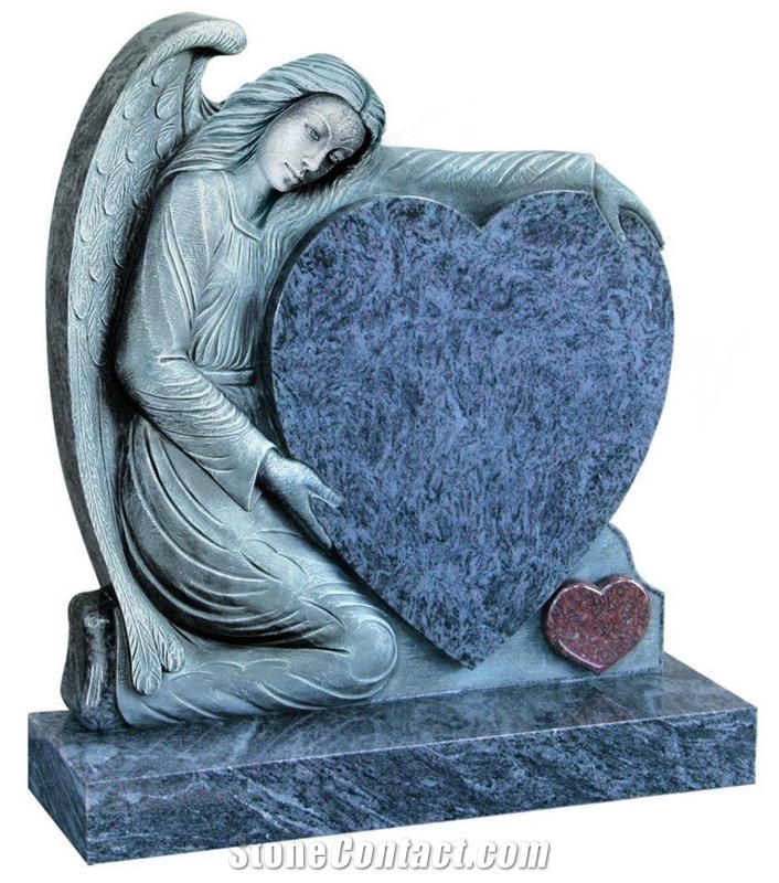 Carved Angel and Heart Design in Silk Blue Granite