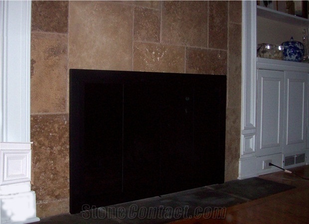 Fireplace Reface Project, Noce Brown Travertine Fireplace