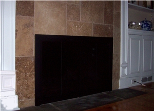 Fireplace Reface Project, Noce Brown Travertine Fireplace