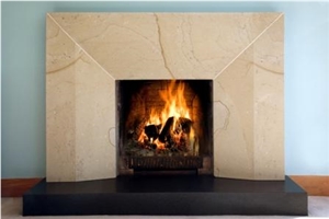 Hinuera Surround-Honed Absolute Black Hearth, Beige Limestone Fireplace