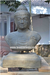 Buddha Bust, Buddha Bust on Base, Buddha Head, Stone Carving Grey Sandstone Sculpture, Statue