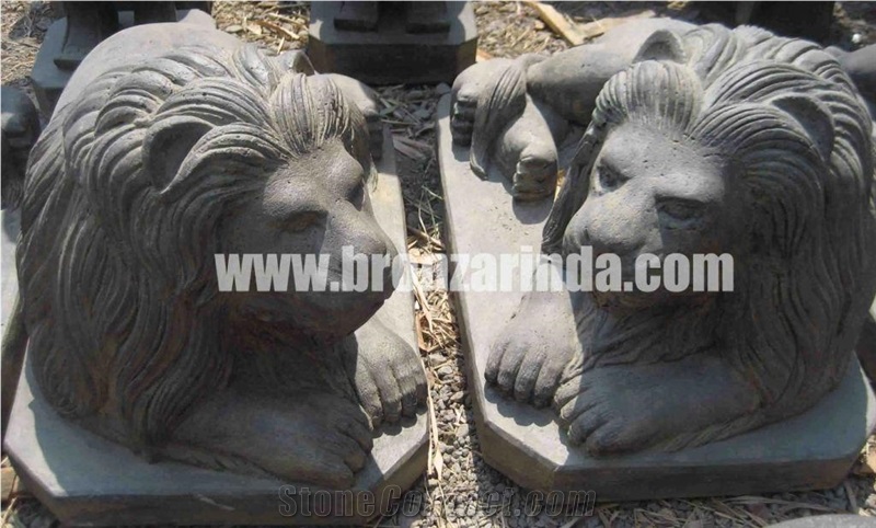 Lion Set, Lying Frog, Ganesha, Ganesha, Stone Carving Grey Sandstone Sculpture, Statue