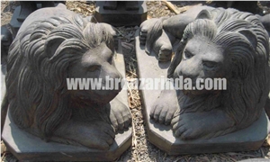 Lion Set, Lying Frog, Ganesha, Ganesha, Stone Carving Grey Sandstone Sculpture, Statue