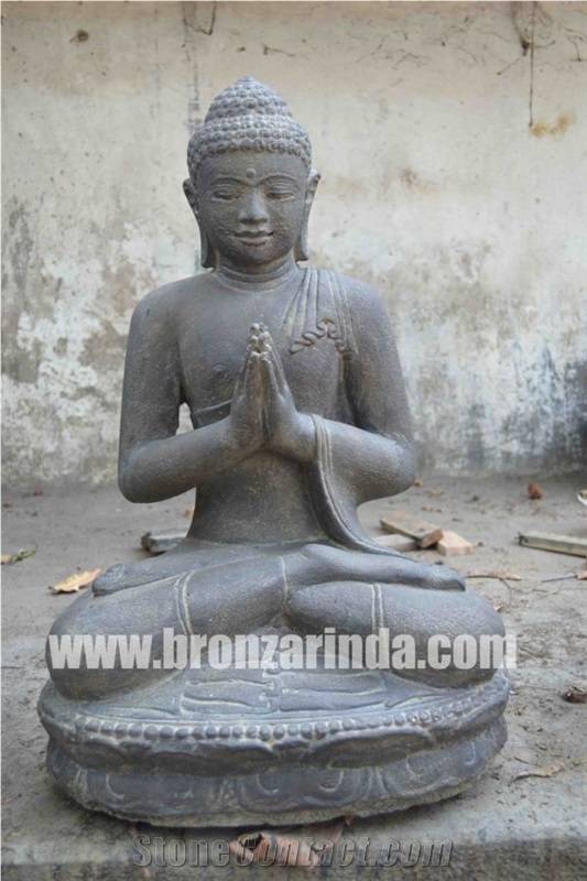 Seated Buddha, Stone Carving Grey Sandstone Sculpture, Statue