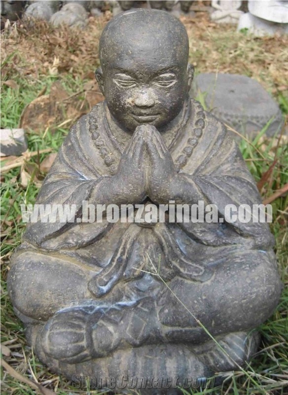 Seated Monk, Stone Carving Grey Sandstone Sculpture, Statue