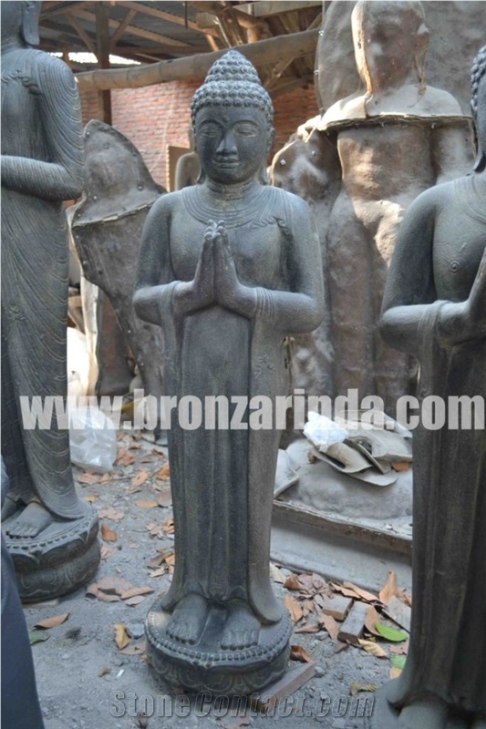 Standing Buddha, Stone Carving Grey Sandstone Sculpture, Statue
