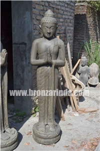 Standing Buddha, Standing Buddha Sculpture, Black Temple Lavastone Grey Basalt Sculpture