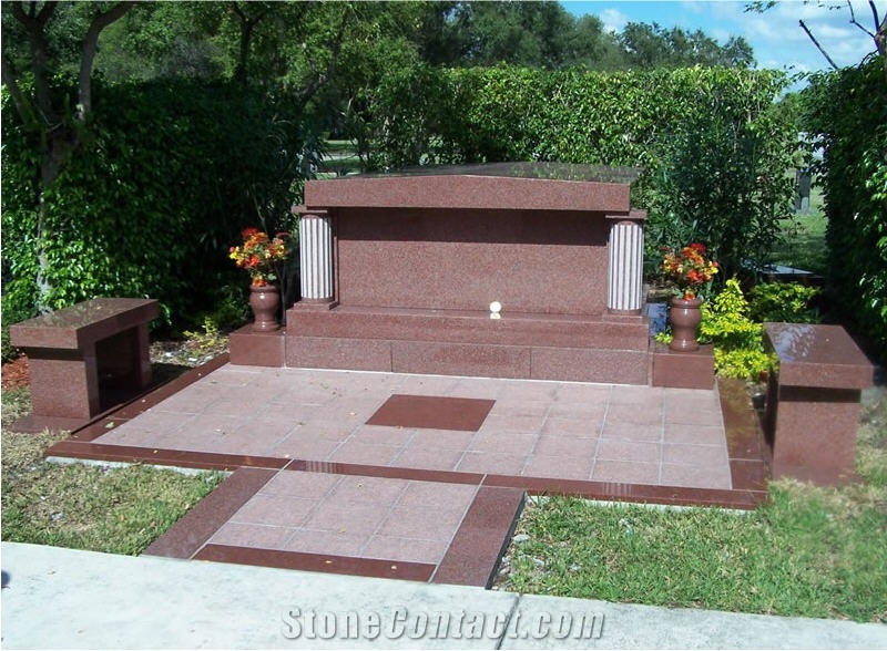 India Red Granite Mausoleum with Benches, Imperial Red Granite Mausoleum, Columbarium
