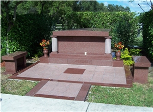 India Red Granite Mausoleum with Benches, Imperial Red Granite Mausoleum, Columbarium