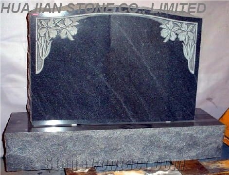 Black Serp Top Monument With Carving Flowers, Sh ,ong Black Granite Monument