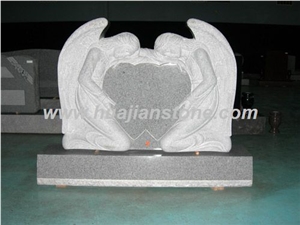 Double Angel Holding a Single Heart Monument, Grey Granite Heart Monument