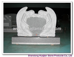 Double Angels Holding A Single Heart, Grey Granite Monument, Tombstone