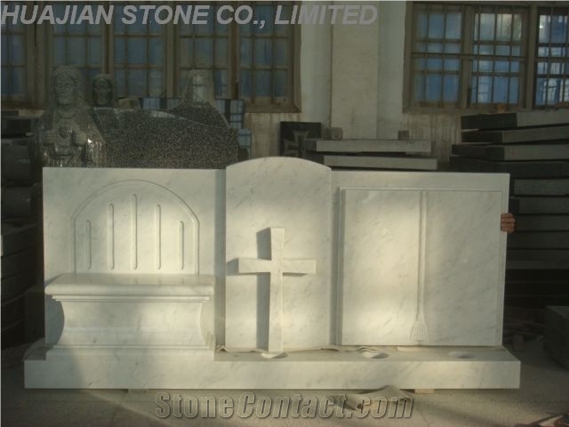 Double Family Monument With Cross Carving, M311 White Marble Family Monument
