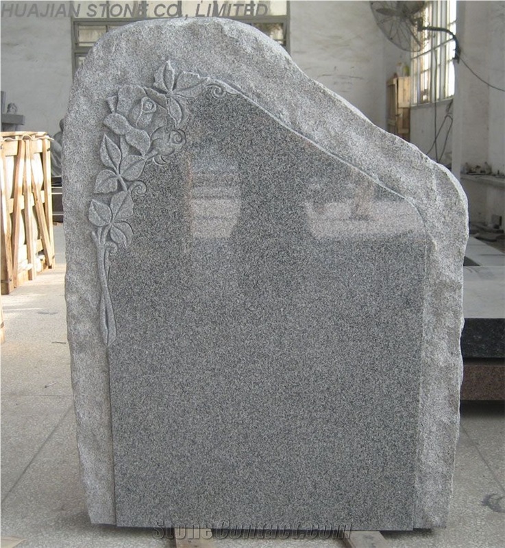 Upright Monument with Carving Flowers, Grey Granite Upright Monuments