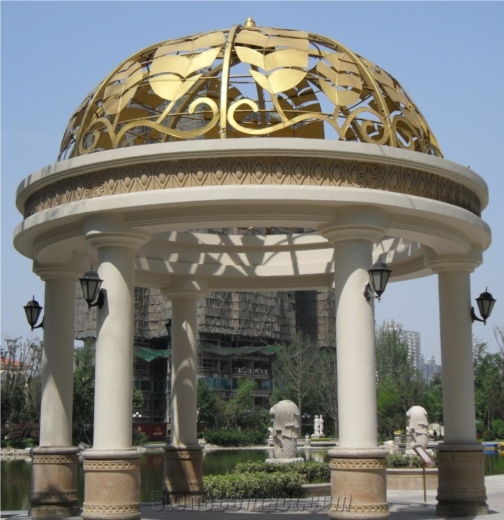White Marble Stone Gazebo with Rould Metal Roof