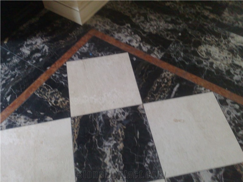 Portoro Gold Marble Floor Tiles, Italy Black Marble
